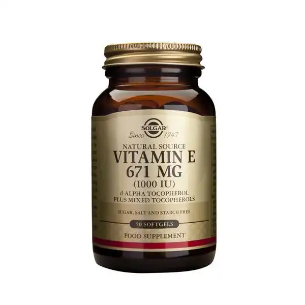 Frasco de vitamina E, suplemento natural 671MG 1000 IU - 50 cápsulas
