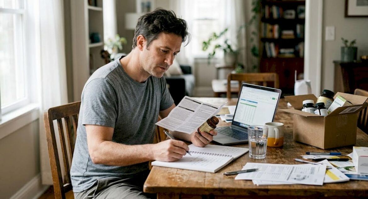 Un hombre revisa varios suplementos sobre la mesa del comedor.