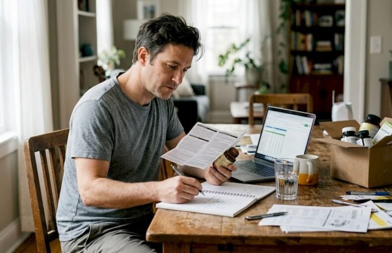 Un hombre revisa varios suplementos sobre la mesa del comedor.