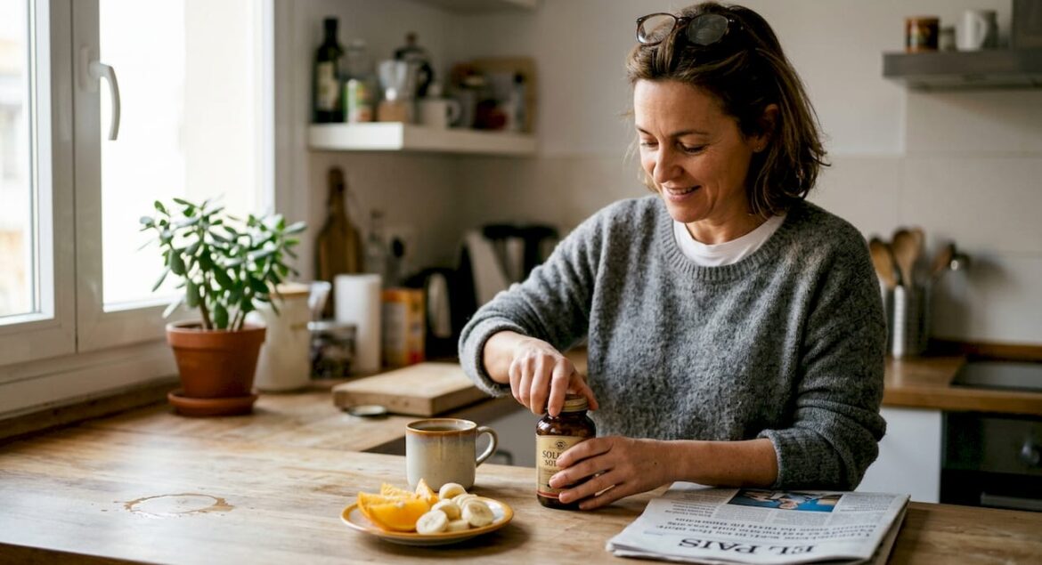 Una mujer abre un bote de suplemento Solgar mientras prepara el desayuno en la cocina.
