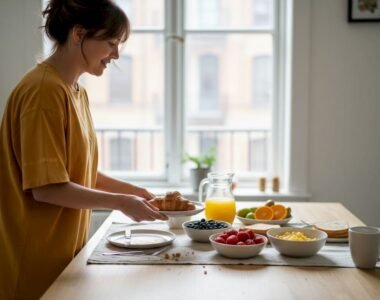 Una mujer prepara y sirve un desayuno saludable en la cocina