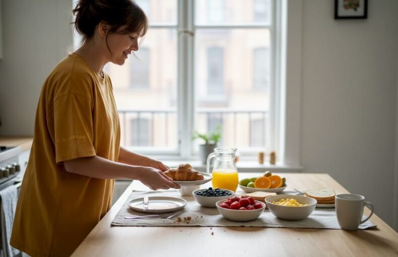 Una mujer prepara y sirve un desayuno saludable en la cocina