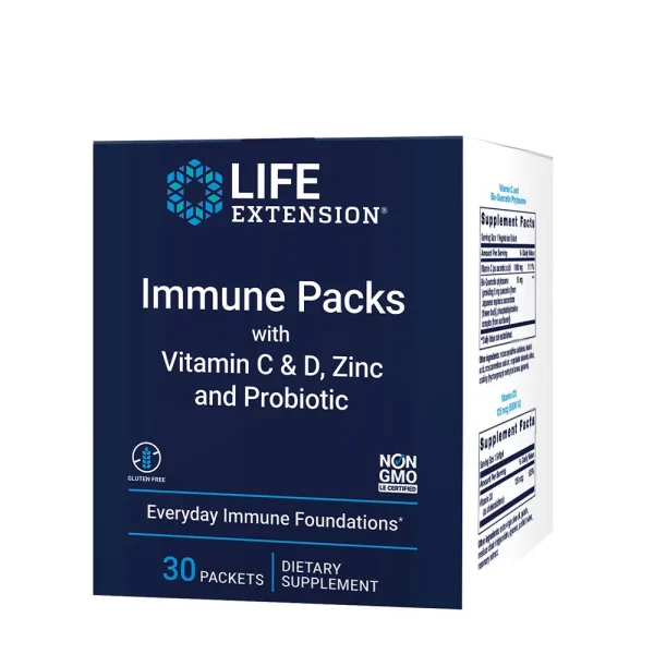 Life Extension Immune Packs con vitaminas C y D, zinc y probióticos – 30 sobres